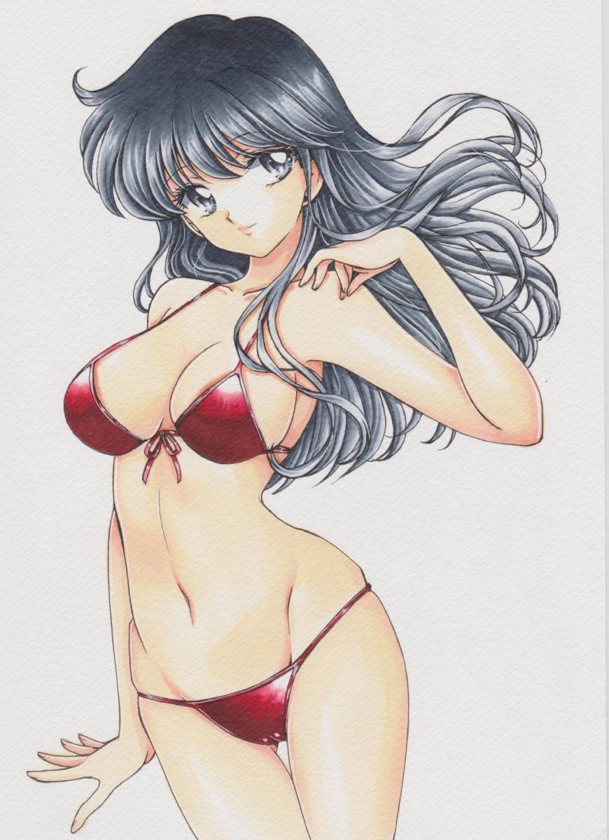 1girl, bikini, black_eyes, black_hair, breasts, cameltoe, front-tie_top, highres