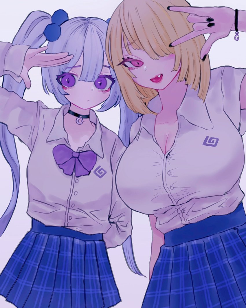 2girls, alternate_costume, blonde_hair, blue_hair, breasts, cleavage, collar, executive_red_hood_arabelle