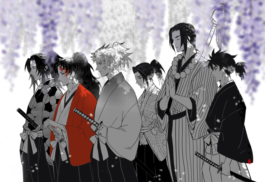 6+boys, amore1989, beads, blurry, bow, coat, colored_tips, cowboy_shot