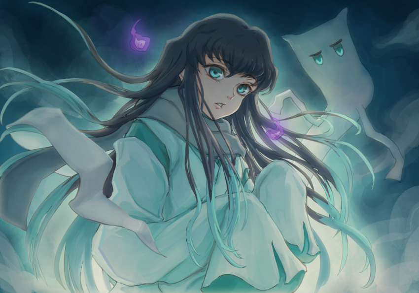 1boy, aqua_eyes, aqua_hair, aqua_theme, black_hair, fire, floating_hair, ghost_costume