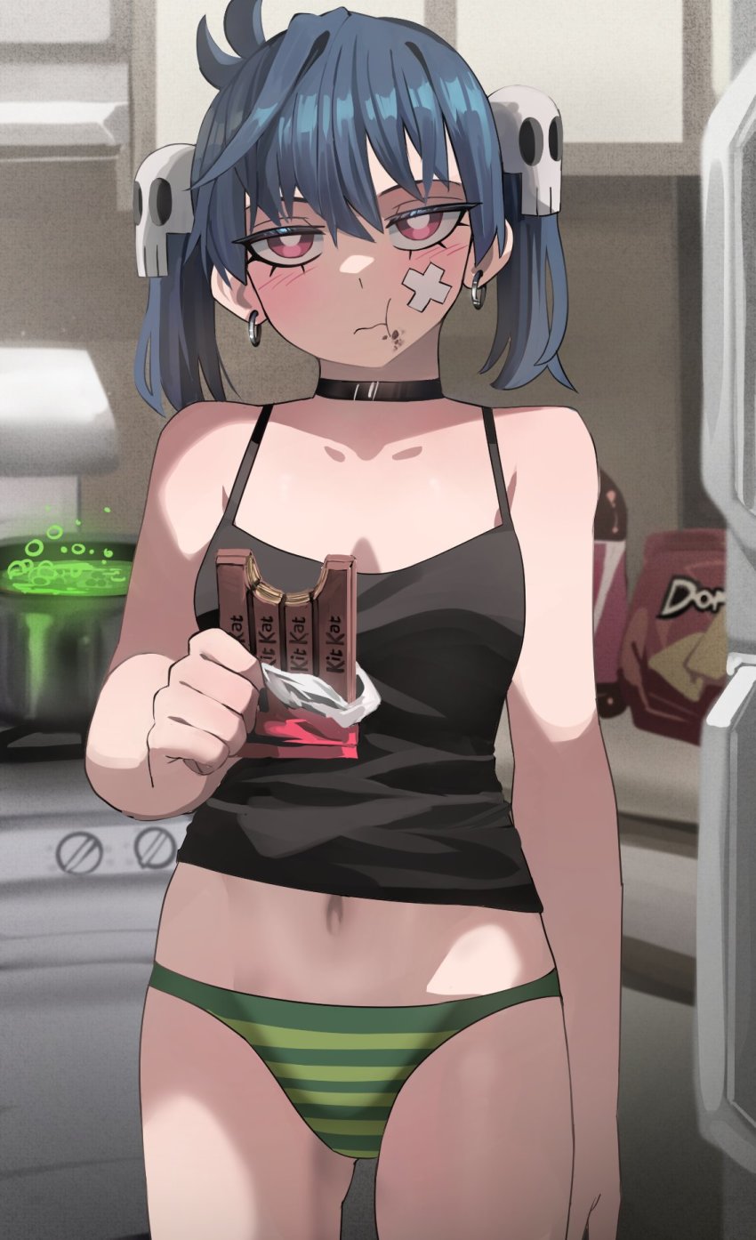 1girl, black_camisole, black_choker, blue_hair, blush, camisole, chocolate, chocolate_on_face, choker, commentary, cooking_pot, eating, english_commentary, food, food_on_face, green_panties, hair_ornament, highres, holding, holding_food, indoors, ji-yoon_(jourd4n), jourd4n, kitchen, long_hair, looking_at_viewer, midriff, nail_polish, navel, original, panties, purple_eyes, skull_hair_ornament, solo, standing, striped_clothes, striped_panties, twintails, underwear, underwear_only