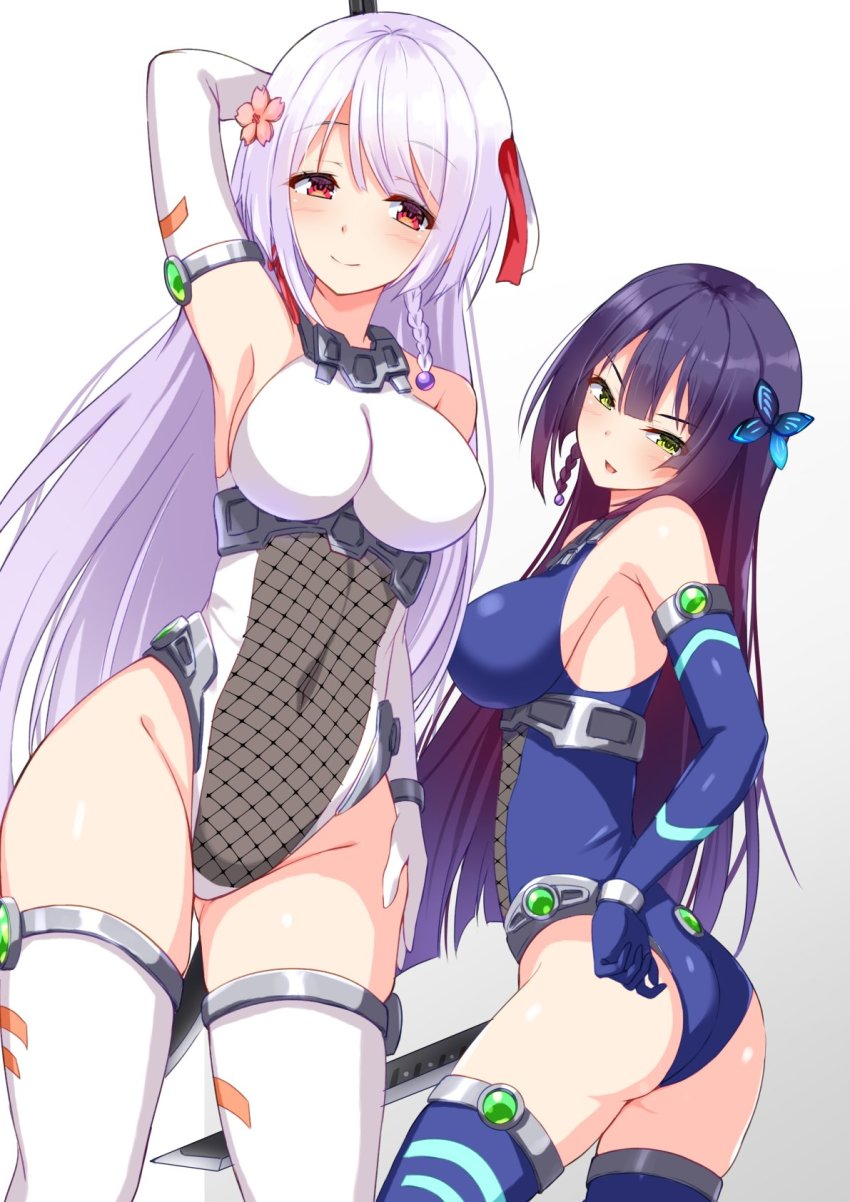 2girls, arched_back, armpits, ass, assault_lily, bare_shoulders, blue_gloves, blue_leotard, blue_thighhighs, blunt_bangs, blush, braid, breasts, butterfly_hair_ornament, commentary_request, covered_navel, cowboy_shot, elbow_gloves, fishnet_leotard, fishnets, flower, funada_kiito, funada_ui, gem, gloves, gluteal_fold, green_eyes, green_gem, grey_background, grey_hair, groin, gungun_(hakutou7887), hair_flower, hair_ornament, hair_ribbon, head_tilt, highleg, highleg_leotard, highres, holding, holding_behind_back, holding_sword, holding_weapon, holding_weapon_behind_back, large_breasts, leotard, long_hair, looking_at_viewer, looking_to_the_side, medium_breasts, multiple_girls, official_alternate_costume, parted_lips, pink_flower, purple_hair, red_eyes, red_ribbon, ribbon, siblings, side_braid, sideboob, single_braid, sisters, smile, standing, sword, thighhighs, thighs, v-shaped_eyebrows, very_long_hair, weapon, white_background, white_gloves, white_leotard, white_ribbon, white_thighhighs