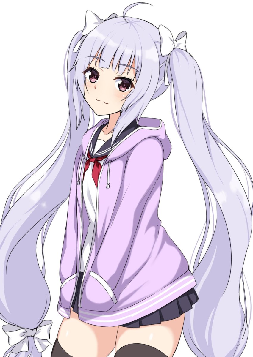 1girl, :3, assault_lily, black_skirt, black_thighhighs, blue_sailor_collar, blunt_bangs, bow