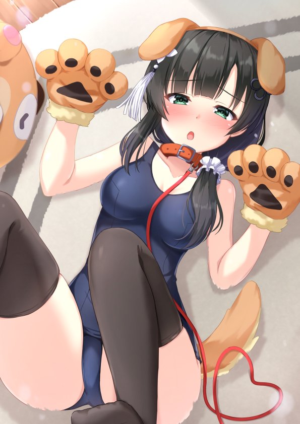 1girl, :o, animal_collar, animal_ears, animal_hands, assault_lily, bare_shoulders, black_hair
