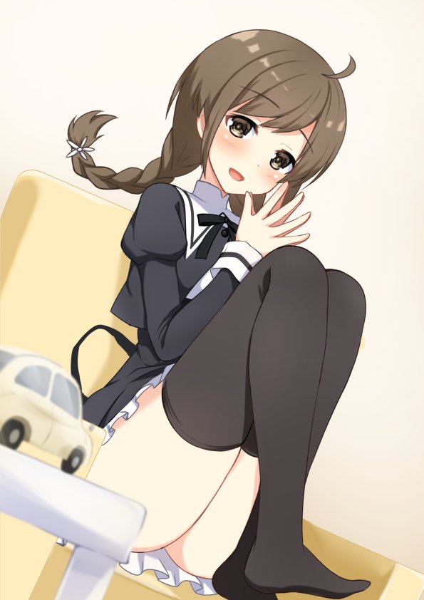 1girl, ahoge, armchair, assault_lily, black_ribbon, black_skirt, black_thighhighs, blush, braid, brown_background, brown_eyes, brown_hair, chair, commentary_request, cropped_jacket, dutch_angle, flower, foot_out_of_frame, frilled_skirt, frills, gradient_background, gungun_(hakutou7887), hair_flower, hair_ornament, hands_up, high-waist_skirt, juliet_sleeves, knees_up, legs, long_hair, long_sleeves, looking_at_viewer, low_twin_braids, low_twintails, miniskirt, neck_ribbon, no_shoes, on_chair, own_hands_together, parted_lips, puffy_sleeves, ribbon, rokkaku_shiori, school_uniform, sitting, skirt, smile, solo, steepled_fingers, swept_bangs, table, thighhighs, toy, toy_car, twin_braids, twintails, white_flower, yurigaoka_girls_academy_school_uniform