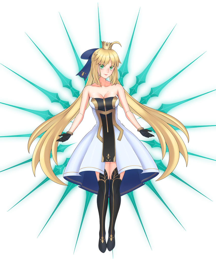 1girl, absurdres, ahoge, artoria_caster_(fate), artoria_caster_(final_ascension)_(fate), artoria_caster_(third_ascension)_(fate), artoria_pendragon_(fate), blonde_hair, crown, facial_mark, fate/grand_order, fate_(series), forehead_mark, full_body, green_eyes, highres, long_hair, looking_at_viewer, reikan_sei, simple_background, smile, solo, very_long_hair, white_background