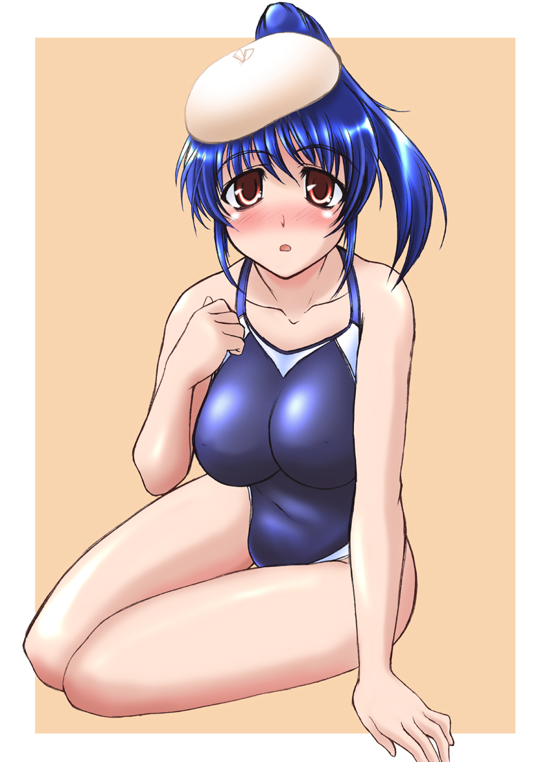 1girl, arm_support, beret, blue_hair, blush, breasts, competition_swimsuit, female_focus