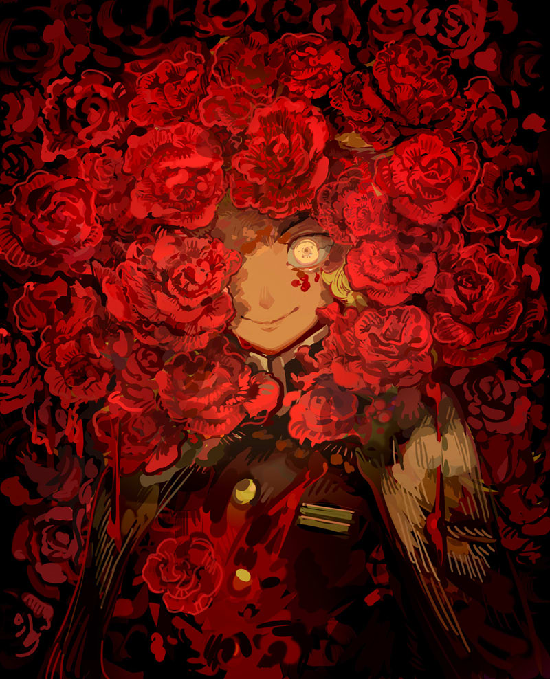 1boy, blonde_hair, blood, blood_on_clothes, blood_on_face, bouquet, cape, closed_mouth