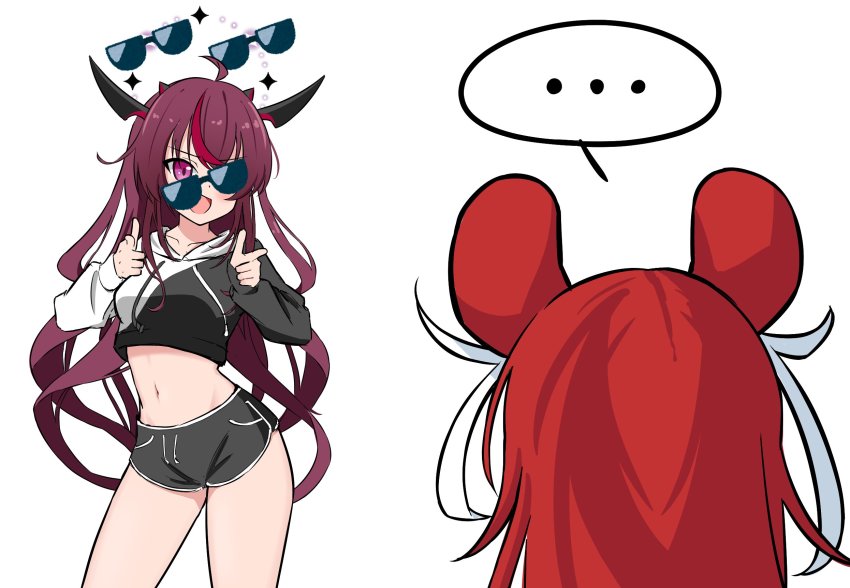 ..., 2girls, ahoge, animal_ears, bakedmonogamy, crooked_eyewear, cropped_hoodie, dolphin_shorts