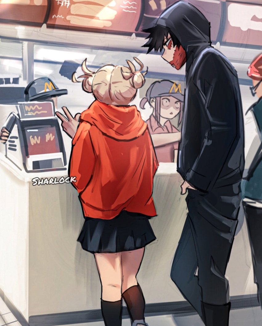 1boy, 2girls, artist_name, black_eyes, black_hair, black_headwear, black_hoodie, black_skirt