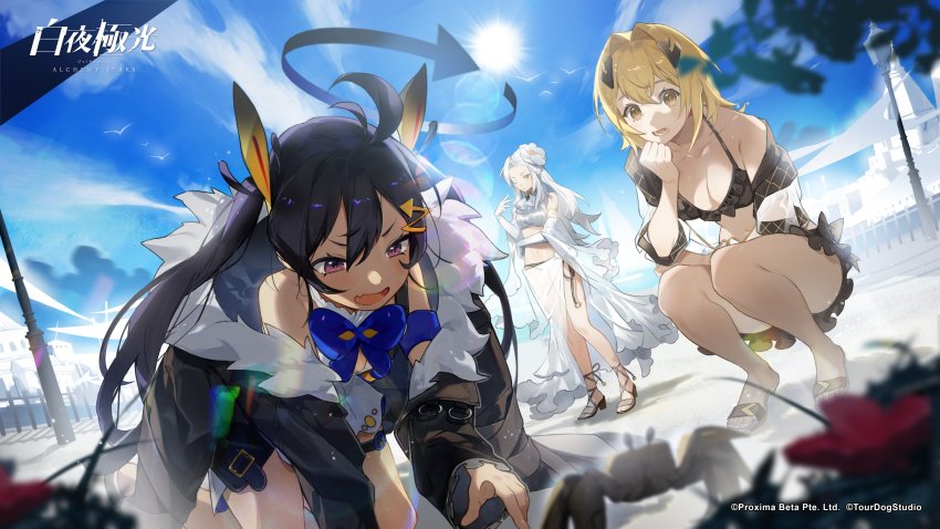 3girls, absurdres, alchemy_stars, antenna_hair, armband, bare_shoulders, bikini, bikini_skirt
