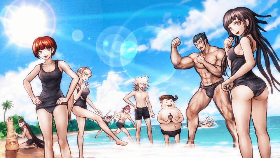 5boys, 5girls, abs, adjusting_clothes, adjusting_swimsuit, ass, bad_link, beach, black_hair, black_male_swimwear, black_swim_briefs, black_swim_trunks, blonde_hair, blue_eyes, blue_sky, breasts, bulge, cham-p, collarbone, danganronpa_(series), danganronpa_2:_goodbye_despair, day, fat, fat_man, game_cg, gluteal_fold, hanamura_teruteru, hands_on_own_hips, jum-p, koizumi_mahiru, komaeda_nagito, komatsuzaki_rui, kuzuryu_fuyuhiko, lens_flare, long_hair, looking_at_viewer, maga-g, male_swimwear, mioda_ibuki, mole, mole_under_eye, multicolored_hair, multiple_boys, multiple_girls, muscular, muscular_male, nidai_nekomaru, ocean, official_art, one-piece_swimsuit, outdoors, pectorals, pekoyama_peko, purple_eyes, red_hair, sand_castle, sand_sculpture, school_swimsuit, short_hair, sky, smile, soda_kazuichi, sonia_nevermind, standing, sun-d, sunlight, swim_briefs, swim_trunks, swimming, swimsuit, tanaka_gundham, topless_male, tsumiki_mikan, water, white_hair