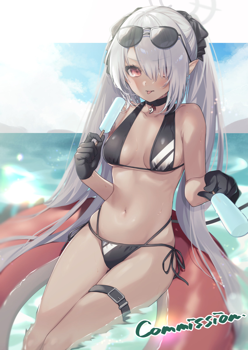 1girl, absurdres, arm_up, armpits, bikini, black_bikini, black_choker, blue_archive, breasts, choker, dark-skinned_female, dark_skin, eyewear_on_head, food, grey_hair, hair_over_one_eye, halo, highres, innertube, iori_(blue_archive), iori_(swimsuit)_(blue_archive), long_bangs, long_hair, looking_at_viewer, medium_breasts, multi-strapped_bikini_bottom, navel, nozawa_noko, official_alternate_costume, pointy_ears, popsicle, side-tie_bikini_bottom, simple_background, sitting, solo, string_bikini, sunglasses, swim_ring, swimsuit, thigh_strap, twintails, very_long_hair