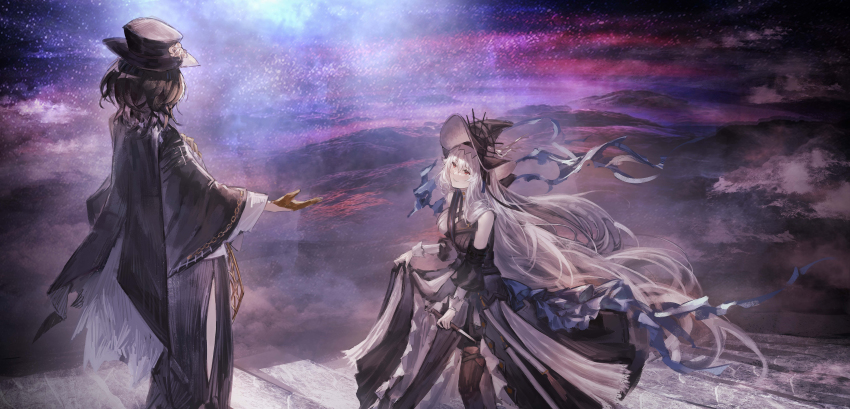 2girls, absurdres, amaia_(arknights), arknights, bare_shoulders, black_cape, black_dress, black_hair, black_headwear, black_pants, black_pantyhose, breasts, brown_gloves, cape, closed_mouth, clothing_cutout, commentary_request, commission, detached_sleeves, dress, flower, gloves, grey_hair, hat, hat_flower, highres, holding, holding_own_dress, long_hair, long_sleeves, looking_at_another, medium_breasts, mountain, multiple_girls, night, outdoors, outstretched_hand, pants, pantyhose, pelvic_curtain, realpha, red_eyes, short_hair, smile, specter_(arknights), specter_the_unchained_(arknights), stairs, thigh_cutout, very_long_hair, walking, white_flower, wide_sleeves