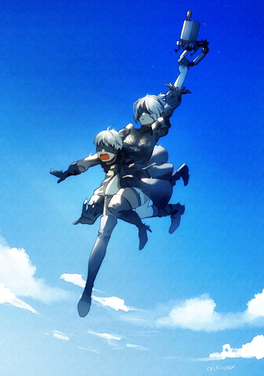 1boy, 1girl, 2b_(nier:automata), 9s_(nier:automata), arm_up, black_dress, black_footwear, black_gloves