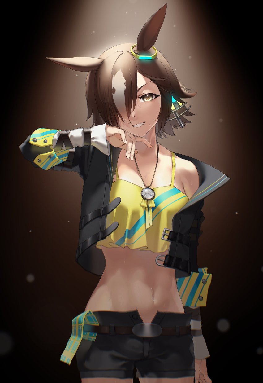 1girl, absurdres, animal_ears, black_jacket, black_shorts, blurry, brown_background, brown_hair