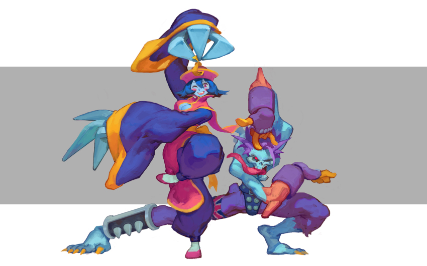 1boy, 1girl, blue_hair, blue_skin, blush_stickers, breasts, chinese_clothes, claws