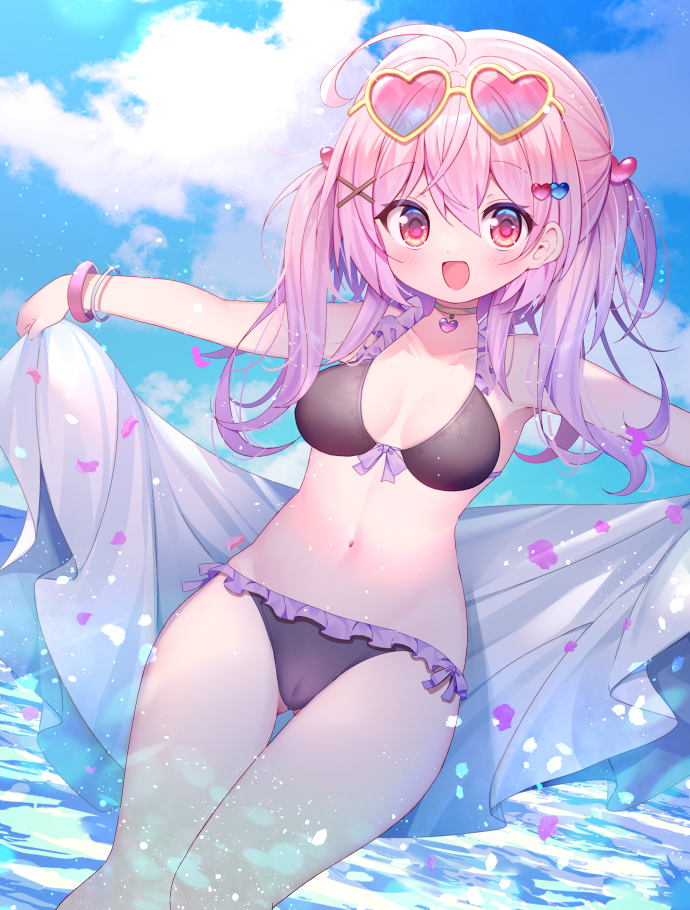 ahoge, armpits, arms_up, bikini, black_bikini, bracelet, breasts, cameltoe