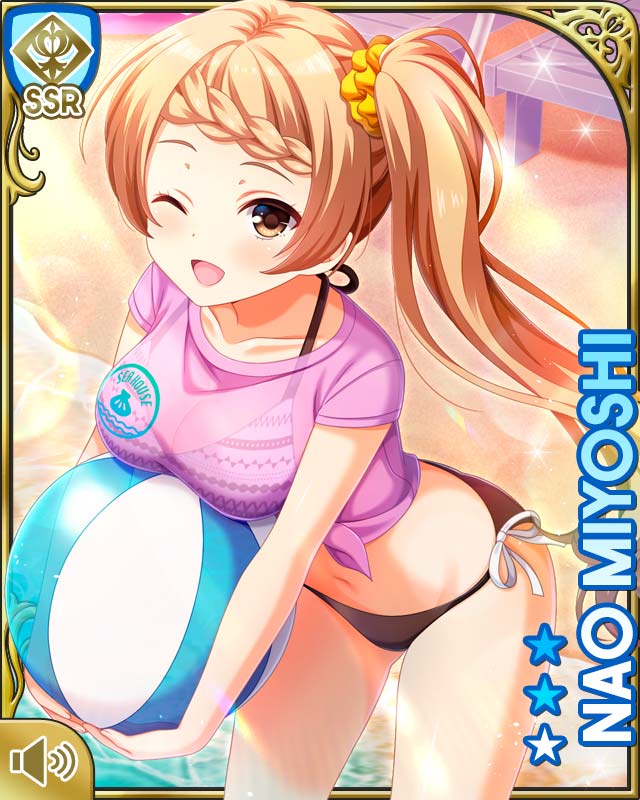 1girl, ;d, ball, beach, beachball, bikini, bikini_under_clothes, blouse