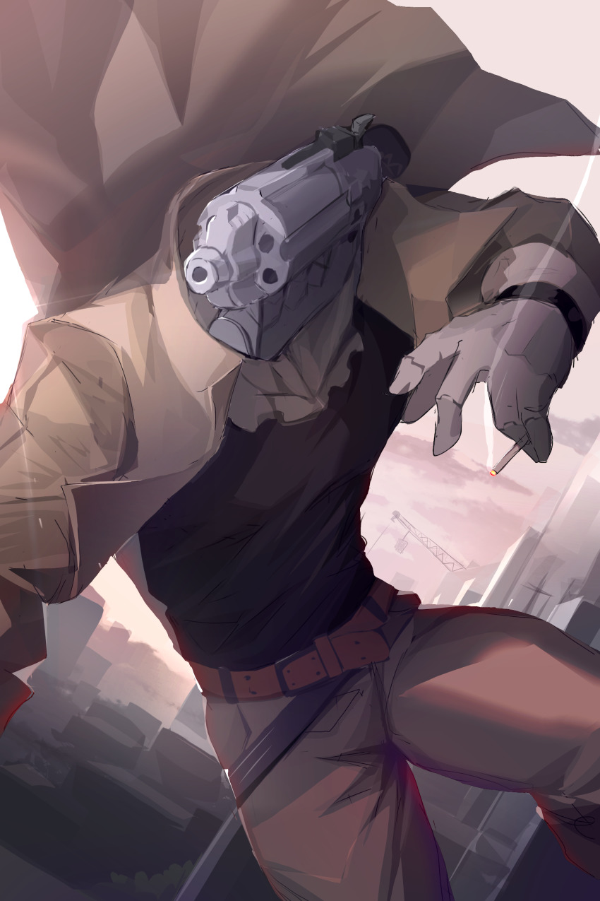 1boy, absurdres, belt, black_shirt, brown_coat, building, coat, cyborg