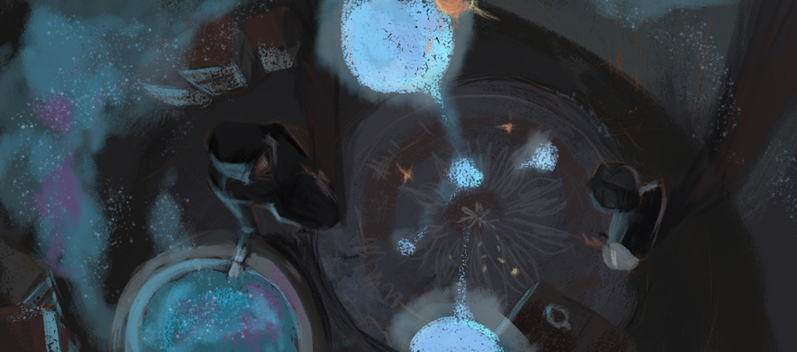 2boys, black_hair, black_pants, black_robe, cauldron, chinese_commentary, commentary_request, dark