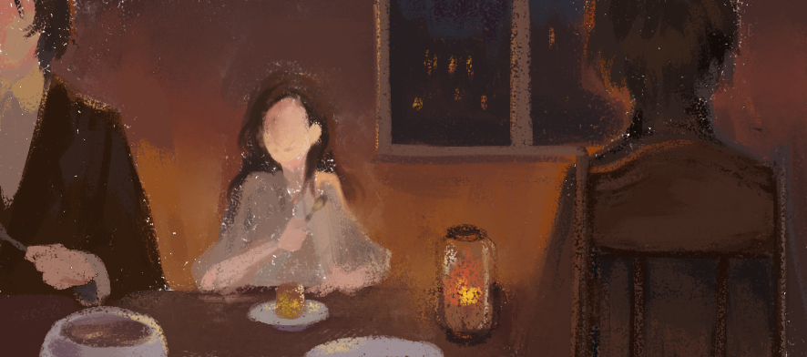 benson_moretti, black_hair, black_jacket, chair, dinner, eating, faceless, fork