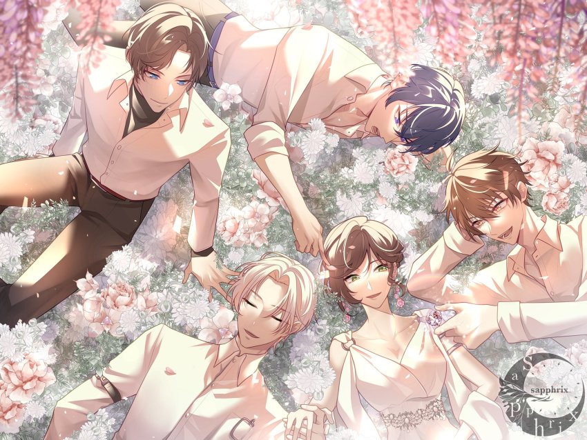 1boy, 4girls, :d, anniversary, artem_wing_(tears_of_themis), artist_name, belt, blue_eyes