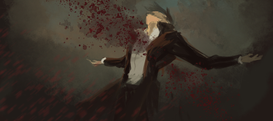 1boy, black_hair, black_pants, blood, blood_splatter, chinese_commentary, commentary_request, dark