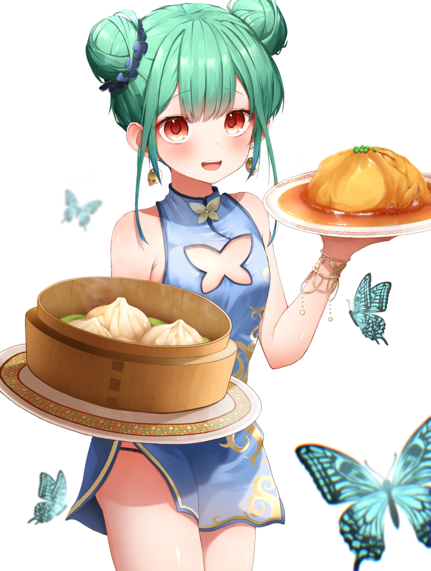 1girl, :d, absurdres, bamboo_steamer, blue_dress, blush, bug, butterfly