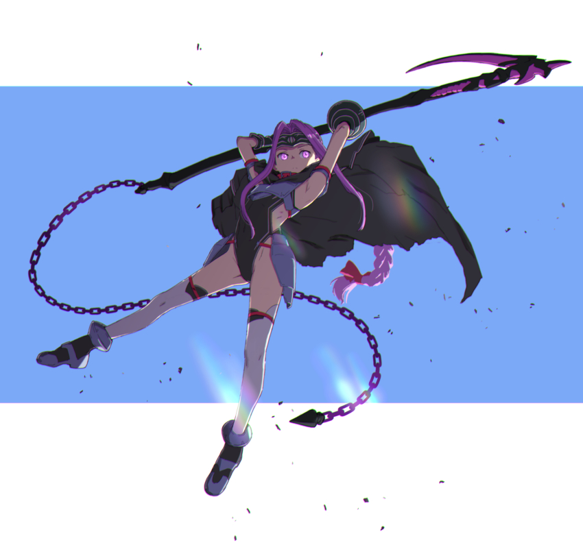 1girl, fate/grand_order, fate_(series), full_body, harpe, highres, kaburagi_yuki, long_hair, medusa_(fate), medusa_(lancer)_(fate), ponytail, purple_eyes, purple_hair, rider, scythe, solo, weapon