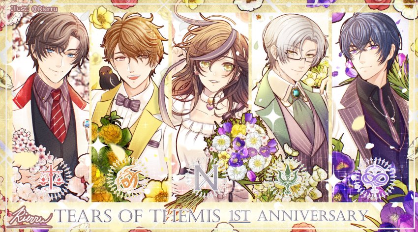 1girl, 4boys, :d, anniversary, artem_wing_(tears_of_themis), black_shirt, bow, bowtie