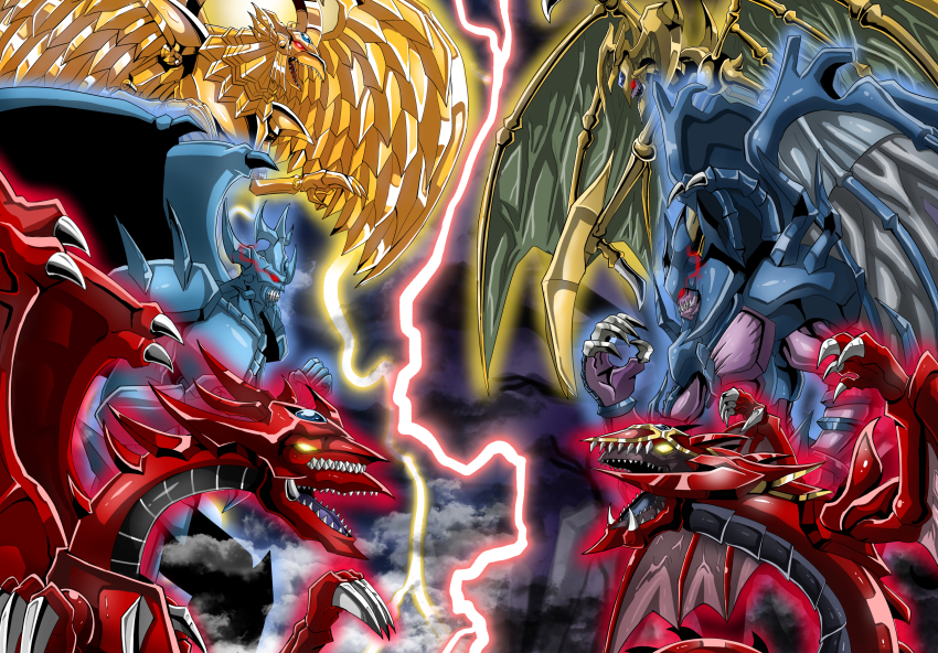 6+boys, absurdres, armor, artist_request, battle, blue_skin, blue_theme, blue_tongue, breastplate, clash, claws, clenched_hand, clenched_hands, clenched_teeth, cloud, cloudy_sky, colored_skin, colored_tongue, demon, demon_wings, dragon, duel_monster, electricity, epic, extra_mouth, fake_horns, fangs, fighting, fire, flying, full_armor, gauntlets, giant, glowing, glowing_eyes, gold, gold_skin, hamon_lord_of_striking_thunder, helmet, highres, horned_helmet, horns, joints, lightning, looking_at_another, male_focus, monster, multiple_boys, muscular, night, no_humans, obelisk_the_tormentor, open_mouth, osiris_the_sky_dragon, pauldrons, pectorals, raviel_lord_of_phantasms, red_eyes, red_skin, red_theme, sharp_teeth, shoulder_armor, sky, spikes, tail, teamwork, teeth, the_winged_dragon_of_ra, tongue, uria_lord_of_searing_flames, wings, yellow_eyes, yellow_skin, yu-gi-oh!, yu-gi-oh!_duel_monsters, yu-gi-oh!_gx