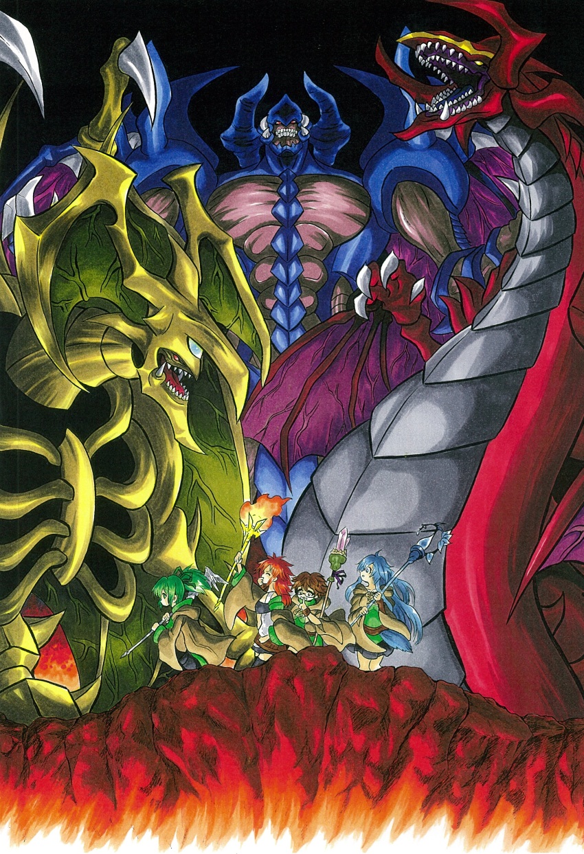 3boys, 4girls, absurdres, artist_request, aussa_the_earth_charmer, belt, blue_eyes, blue_hair