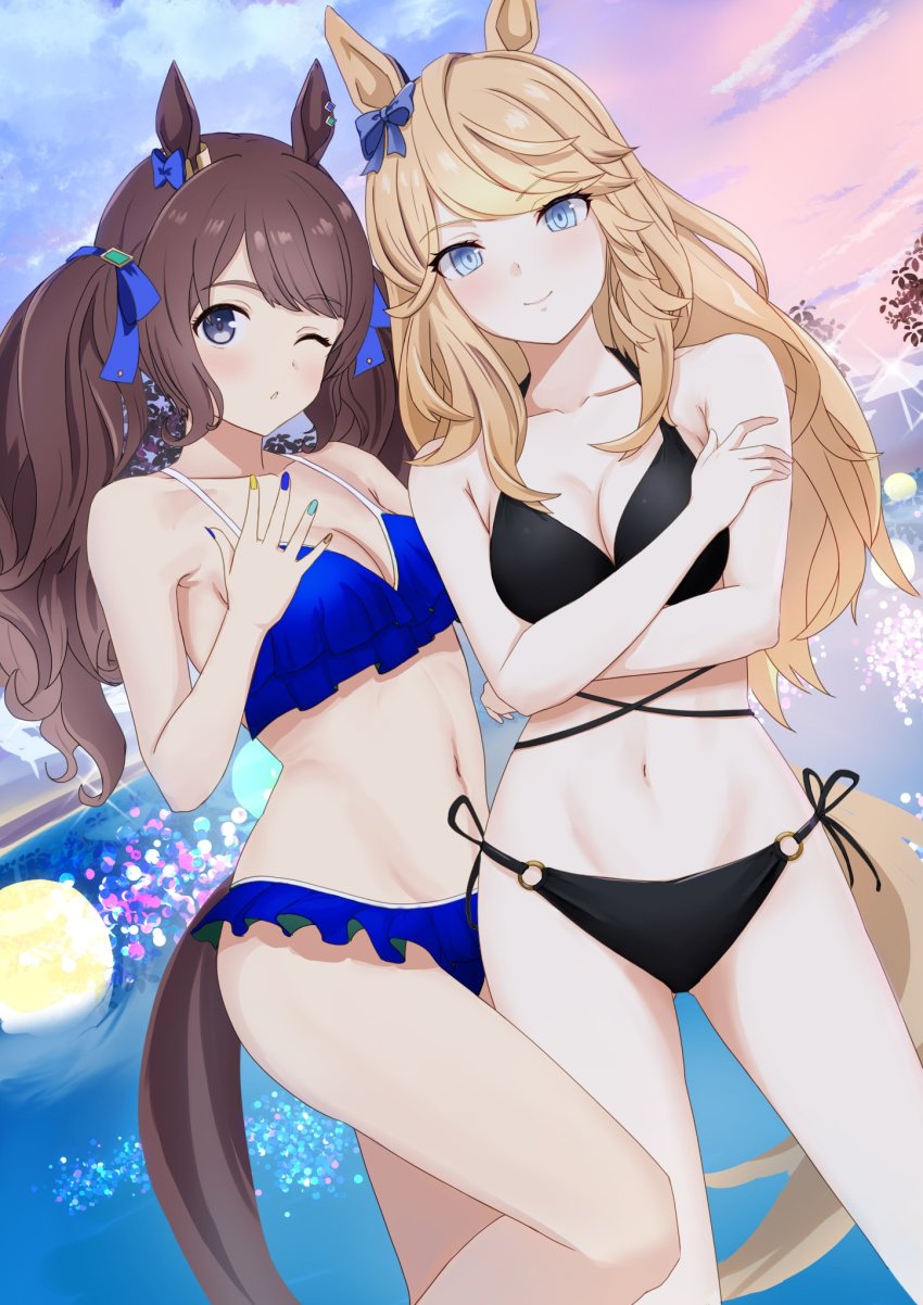 2girls, animal_ears, bare_shoulders, bikini, black_bikini, blonde_hair, blue_bikini, blue_eyes