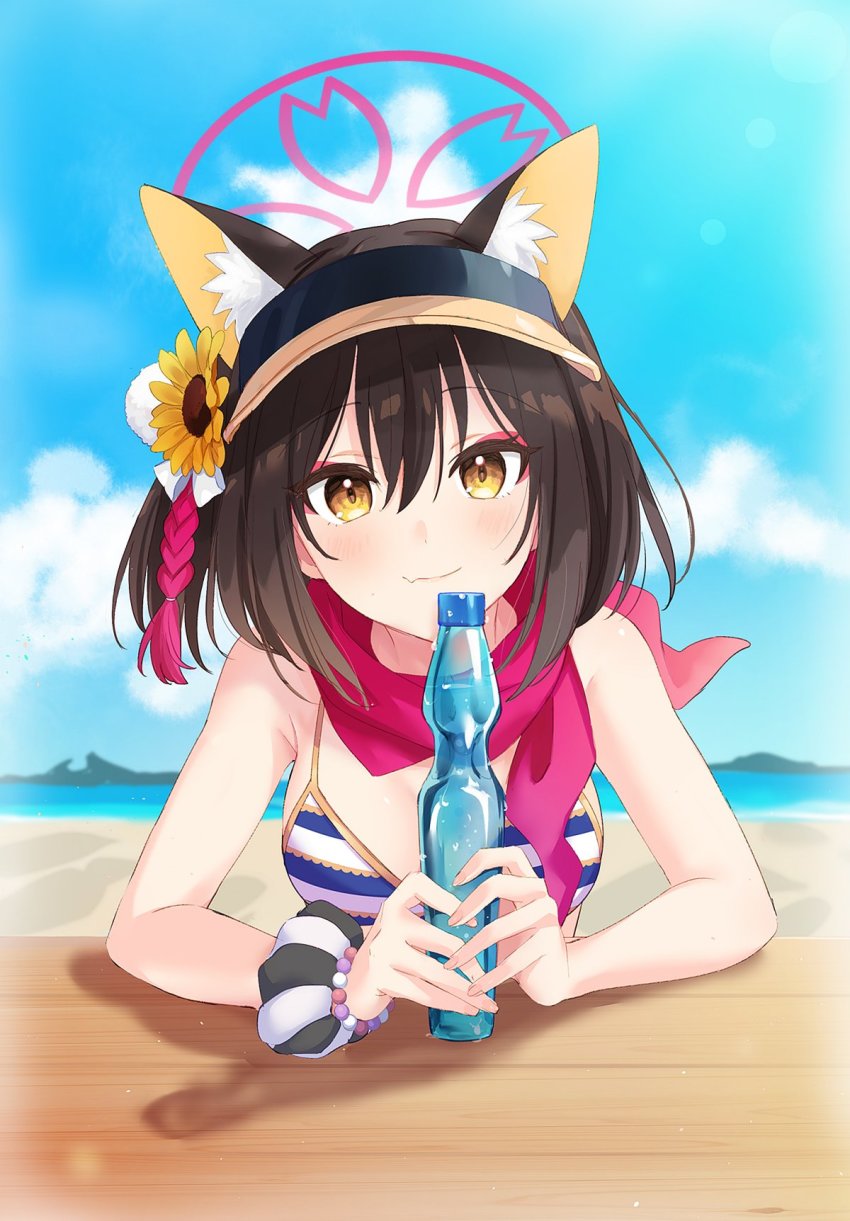 1girl, animal_ears, beach, black_hair, blue_archive, blush, breasts, collarbone