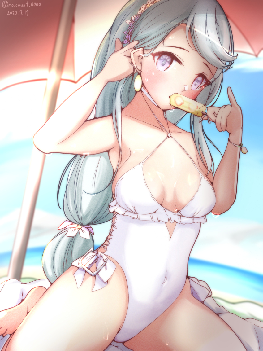 1girl, asymmetrical_bangs, beach, breasts, casual_one-piece_swimsuit, covered_navel, flower, food