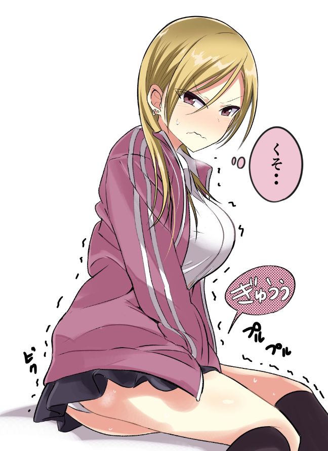 1girl, akutsu_riko, black_skirt, black_socks, blonde_hair, blush, breasts, brown_eyes, check_commentary, closed_mouth, commentary_request, ear_piercing, embarrassed, gyaru, jacket, kaette_kudasai!_akutsu-san, kneehighs, kogal, large_breasts, long_hair, looking_at_viewer, motion_lines, multiple_piercings, nagaoka_taichi, panties, partial_commentary, piercing, pink_jacket, pleated_skirt, shirt, simple_background, skirt, socks, solo, sound_effects, speech_bubble, striped, sweatdrop, thought_bubble, track_jacket, translation_request, underwear, vertical_stripes, wavy_mouth, white_background, white_panties, white_shirt