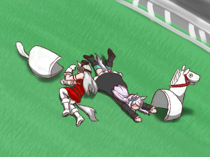 2girls, animal_costume, animal_ears, boots, bow, brown_headwear, commentary, dress