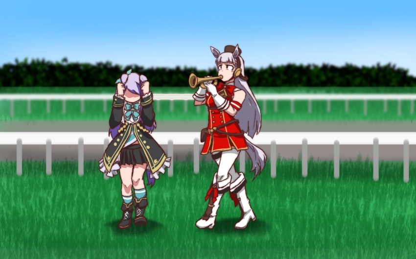 2girls, animal_ears, blunt_bangs, boots, bow, bowtie, brown_headwear, commentary