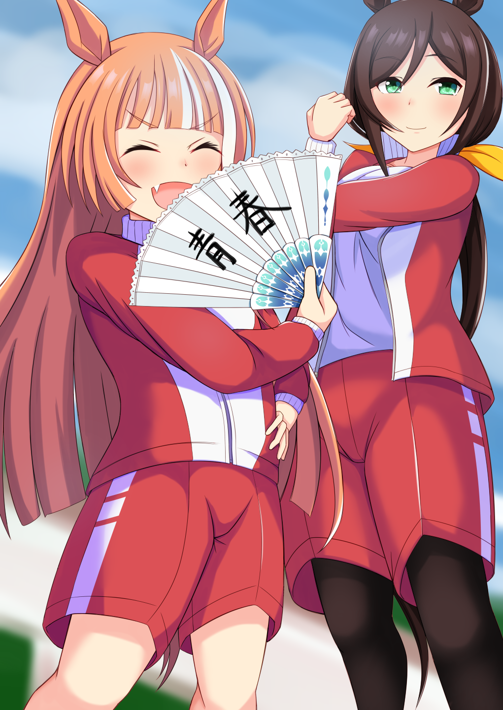 ^_^, akikawa_yayoi_(umamusume), animal_ears, black_hair, black_pantyhose, blunt_bangs, blush, closed_eyes