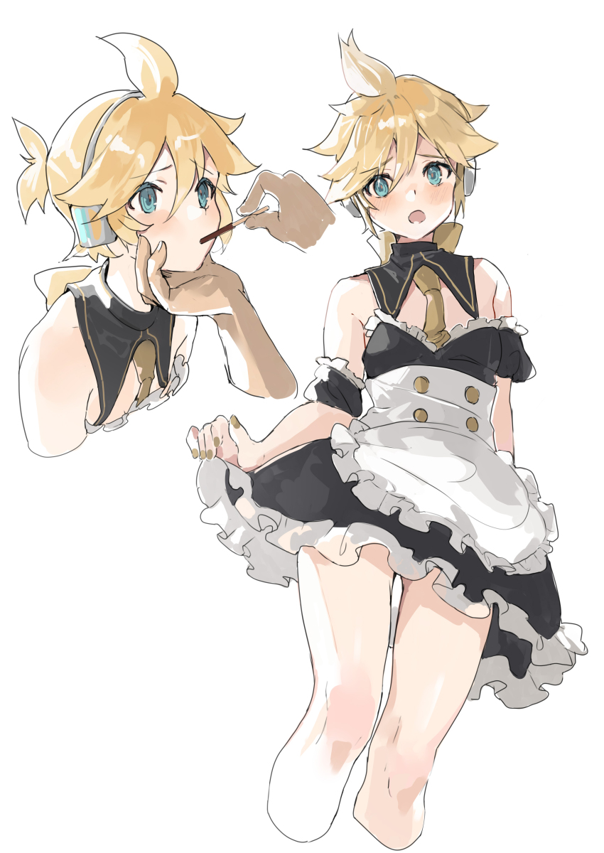 1boy, 1other, absurdres, alternate_costume, apron, aqua_eyes, black_dress, blonde_hair