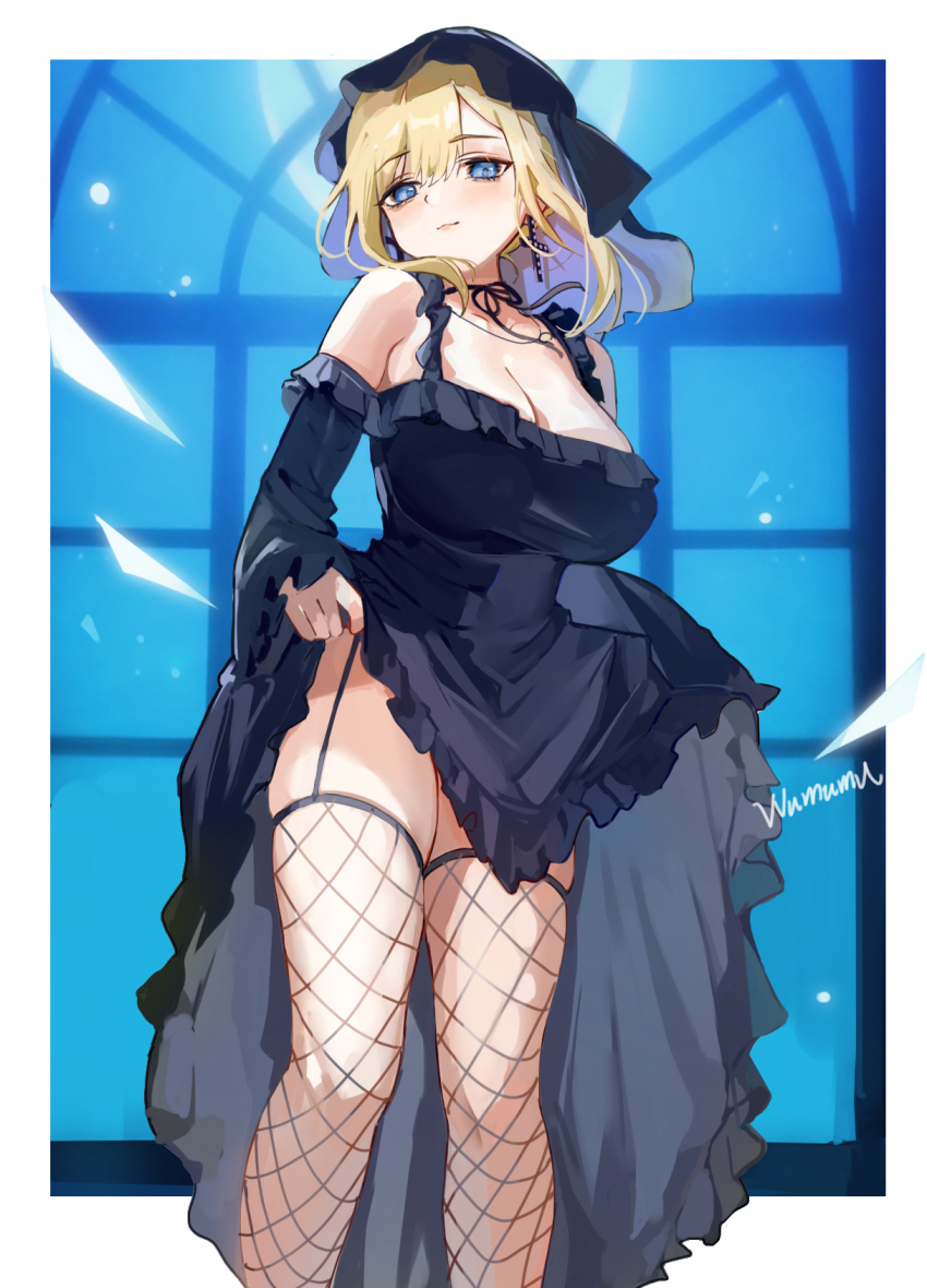 1girl, alice_(shinigami_bocchan_to_kuro_maid), alice_lendrott, black_dress, black_headwear, black_ribbon, blonde_hair, blue_background, blue_eyes, blush, bonnet, breasts, chinese_commentary, choker, cleavage, closed_mouth, commentary_request, cross, cross_earrings, detached_sleeves, dress, earrings, female_focus, fishnet_thighhighs, fishnets, frilled_dress, frills, garter_straps, hair_between_eyes, highres, jewelry, large_breasts, looking_at_viewer, outside_border, ribbon, ribbon_choker, shinigami_bocchan_to_kuro_maid, signature, solo, thighhighs, window, wumumu