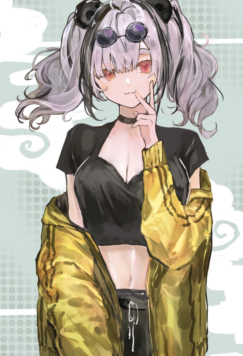 animal_ears, arknights, black_hair, black_shirt, breasts, cleavage, crop_top, eyewear_on_head