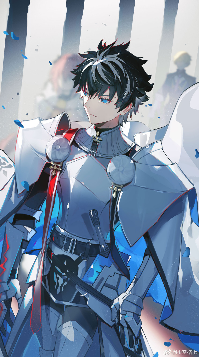 3boys, :|, absurdres, armor, astolfo_(fate), astolfo_(rider)_(fate), black_hair, blue_eyes, blue_flower, blue_petals, cape, charlemagne_(fate), charlemagne_(second_ascension)_(fate), closed_mouth, commentary_request, expressionless, fate/extella, fate/extella_link, fate/extra, fate/grand_order, fate_(series), flower, highres, k7_(kk7_000), knight, long_sleeves, looking_away, male_focus, multicolored_hair, multiple_boys, official_alternate_costume, pants, petals, roland_(fate), short_hair, solo_focus, sword, two-tone_hair, weapon, white_armor, white_cape, white_hair
