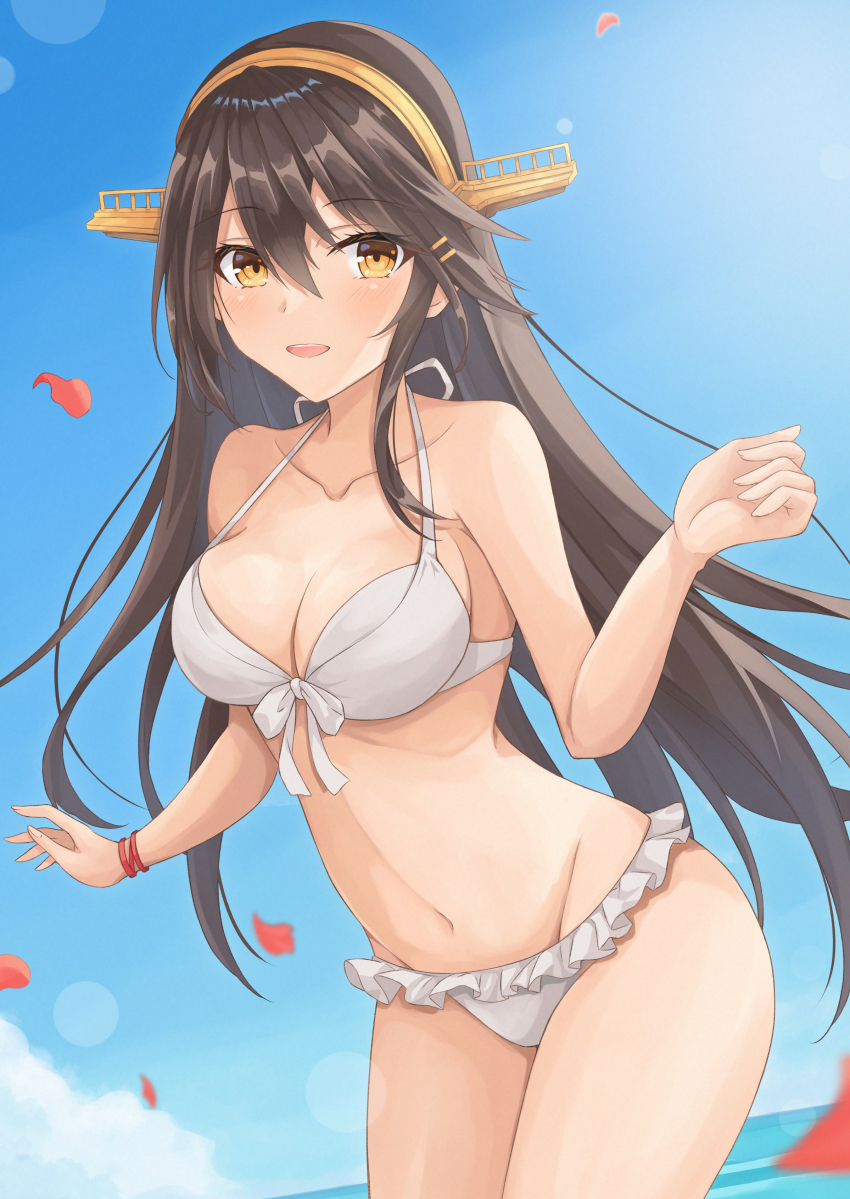 1girl, absurdres, bikini, black_hair, blue_sky, breasts, brown_eyes, cloud