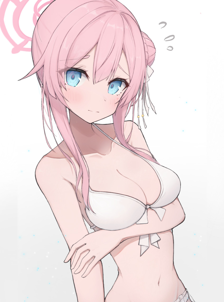 1girl, arm_under_breasts, bare_arms, bare_shoulders, bikini, blue_archive, blue_eyes, blush, breasts, cleavage, closed_mouth, collarbone, flying_sweatdrops, front-tie_bikini_top, front-tie_top, hair_bun, halo, highres, long_hair, matchadzuke, medium_breasts, mimori_(blue_archive), mimori_(swimsuit)_(blue_archive), navel, ribbon, simple_background, single_side_bun, solo, stomach, swimsuit, white_background, white_bikini, white_ribbon