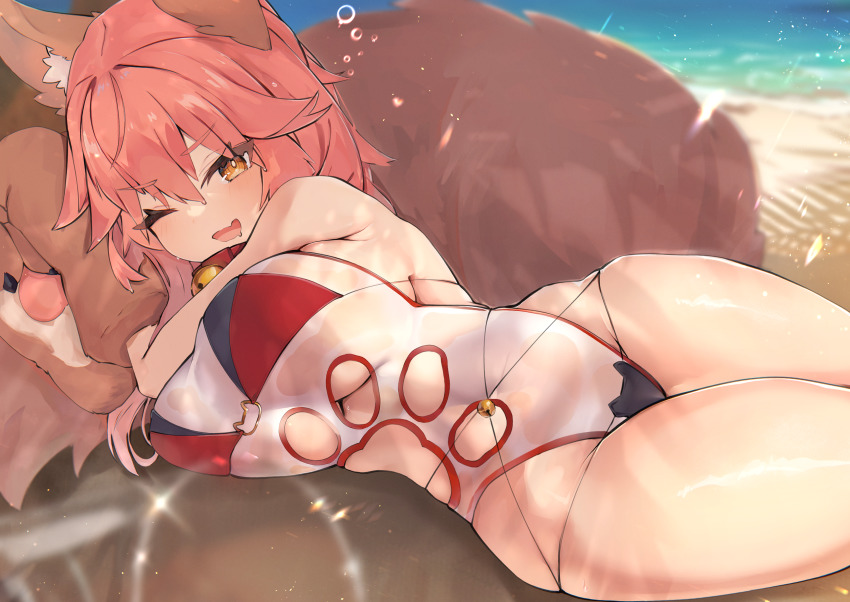 1girl, absurdres, animal_ear_fluff, animal_ears, bare_shoulders, bell, bikini, blush