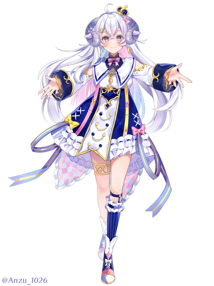 1girl, absurdres, ahoge, anzu_1026, asymmetrical_legwear, closed_mouth, crown, curled_horns