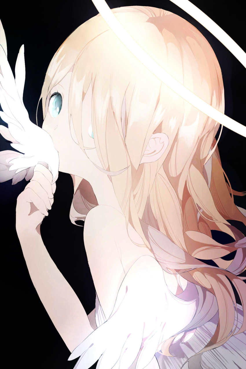1girl, angel, angel_wings, aqua_eyes, bare_shoulders, biting, black_background, blonde_hair, breasts, brown_hair, cannibalism, dress, eating, feathered_wings, from_side, hair_between_eyes, hair_over_one_eye, halo, hand_up, highres, holding, holding_whip, leaning_forward, long_hair, looking_at_viewer, looking_to_the_side, multicolored_hair, n79oqc3yja6jlof, original, severed_wings, simple_background, sleeveless, sleeveless_dress, small_breasts, solo, streaked_hair, upper_body, white_background, white_dress, white_wings, wings
