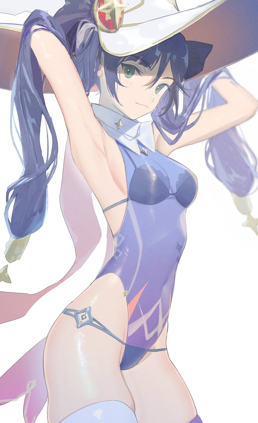 1girl, absurdres, armpits, arms_up, asymmetrical_legwear, bare_shoulders, black_hair, breasts